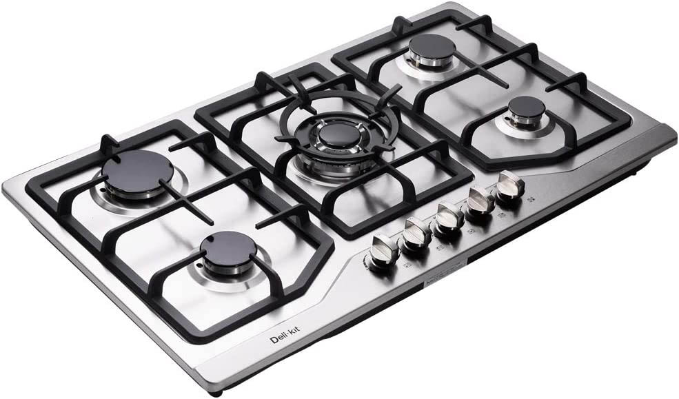 Deli-kit 34 inch Gas Cooktop Dual Fuel Sealed 5 Burners Stainless Steel Drop-In Gas Hob DK258-A05 Gas Cooker