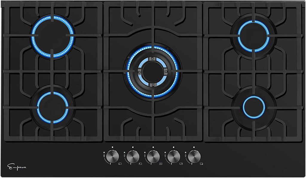 Empava 36 Gas Cooktop with 5 Italy Sabaf Sealed Burners NGLPG Convertible Tempered Glass in Black Model 2020, 36 Inch
